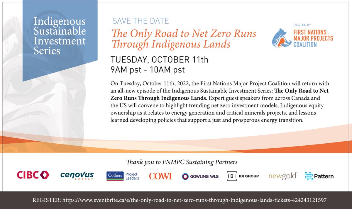 All-new episode of the Indigenous Sustainable Investment Series: The Only Road to #NetZero Runs Through #Indigenous Lands. Airing October 11th. Register Today: eventbrite.ca/e/the-only-roa…