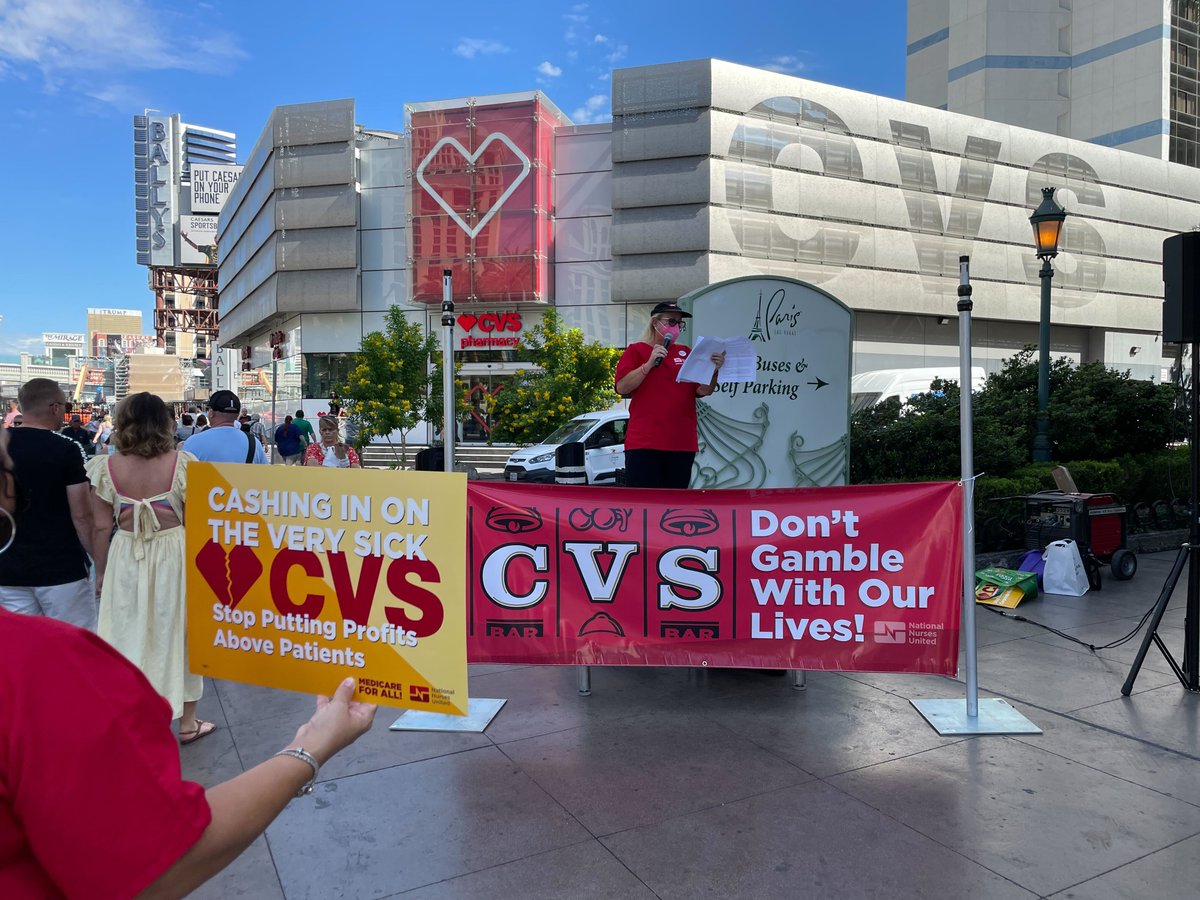 Nurses are in Las Vegas telling @CVSHealth to stop gambling with our lives!🎰 ❤️ It's time we hold CVS accountable for spending millions of dollars against #MedicareForAll.