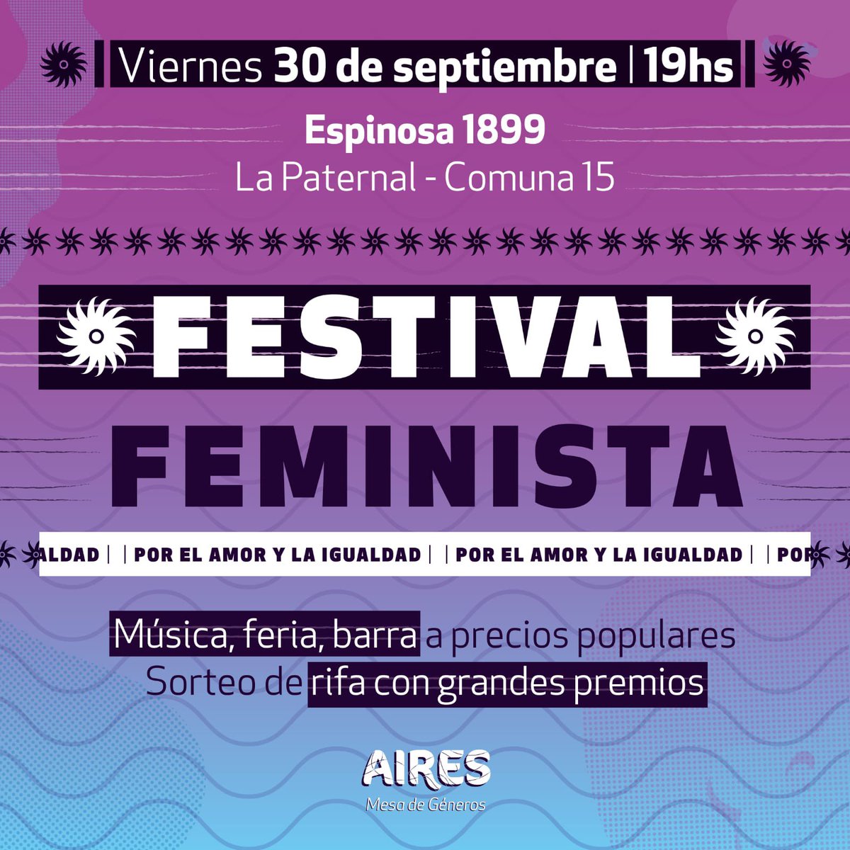 Airescomuna15's tweet photo. FESTIVAL FEMINISTA el viernes 30a las 19hs  Espinosa 1899 esq Paysandú
Para seguir construyendo espacios feministas💜✌🏼
•Venite a compartir musica, feria y comida a precio popular!!
•Todo lo recaudado será para facilitar la asistencia de lxs compañerxs en el 35 Encuentro https://t.co/KfDEi4egSK