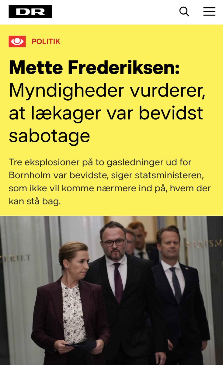 francescaptz's tweet photo. Danish PM Mette Frederiksen: The authorities' assessment says the leaks were deliberate sabotage.

"Three explosions on two gas pipelines off Bornholm were deliberate, says the PM, who will not elaborate on who may be behind it."

from @DRNyheder
https://t.co/F5zpDPDccI https://t.co/DIZWgXTdpU