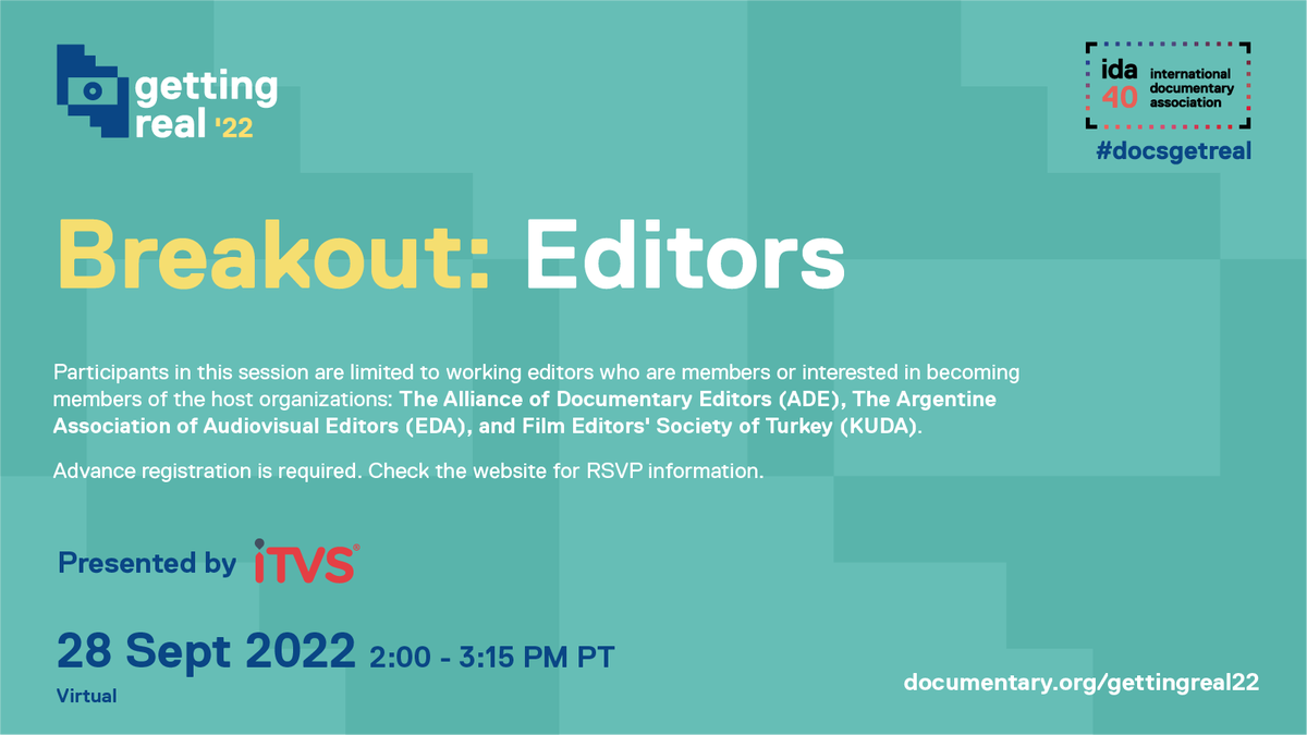 doceditors's tweet photo. Happening tomorrow at @IDAorg 's #docsgetreal joinus for a virtual editors' breakout session with @EDAeditores and Film Editors' Society of Turkey (KUDA). Anyone can join with this link: https://t.co/qP5gZCVf6S
See you there! 🙌 https://t.co/GtkA3yWRas