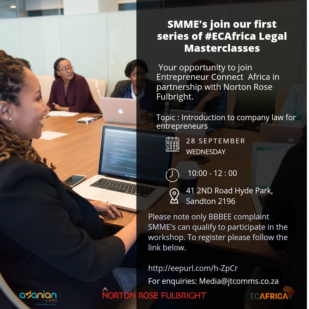 adanianlabsSA's tweet photo. @ECAfrica_ hosts the first #legalMasterclass which brings together legal experts from @NLegal_ZA &amp;Entrepreneurs.The Masterclasses aim to bring SMMEs into a space where they better understand #Legalcompliance. Looking forward to it!
#ECAfrica #BorderlessAfrica https://t.co/78EQyQZANc