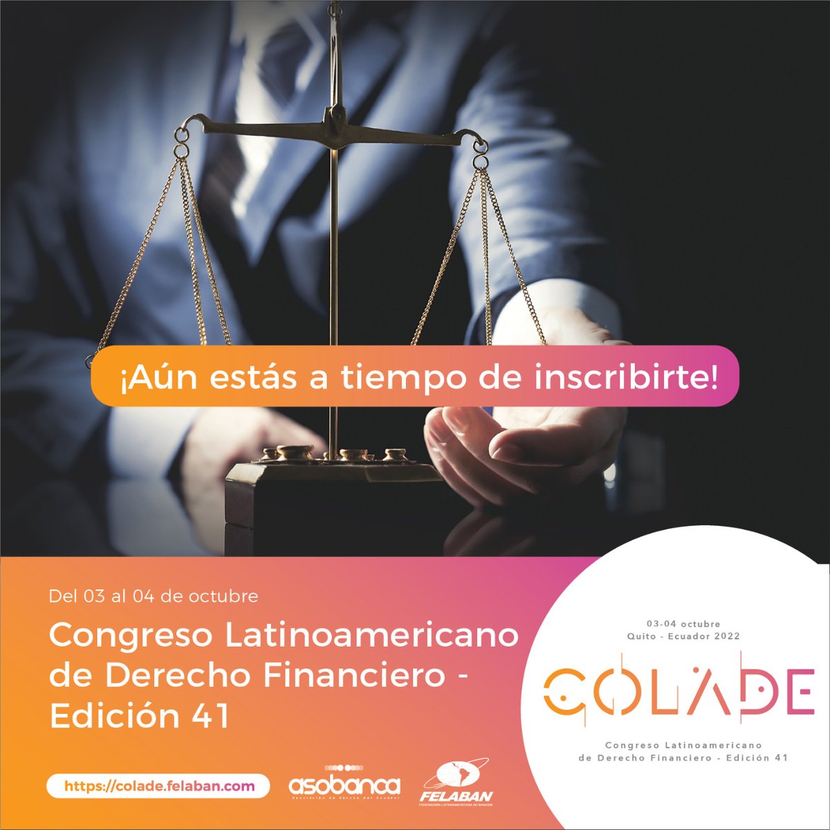 asobancos's tweet photo. #COLADE | Faltan pocos días para el Congreso Latinoamericano de #DerechoFinanciero Edición 41
¡Aún estás a tiempo de inscribirte!
📅3 y 4 octubre
📍Swissotel-Quito
Más info aquí ➡https://t.co/jFQipBpWmD https://t.co/xiYMq6nKhl