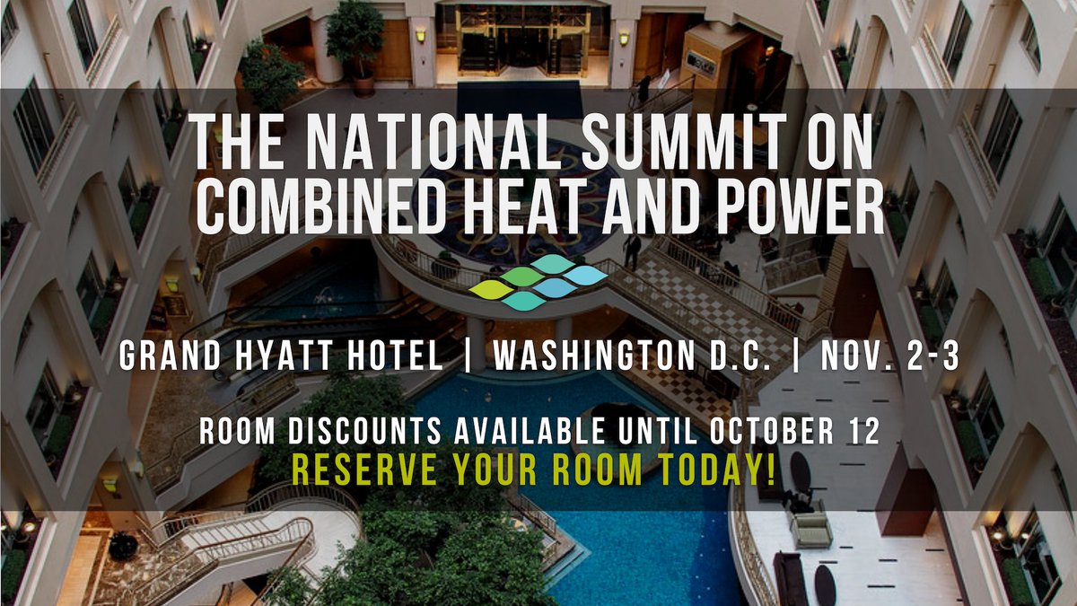 The National Summit on Combined Heat and Power will take place at the Grand Hyatt in Washington, DC from Nov. 2-3. Until Oct. 12, you can book your stay as part of our discounted room block, but only while rooms are still available! Don't miss out: bit.ly/3U8ltaf