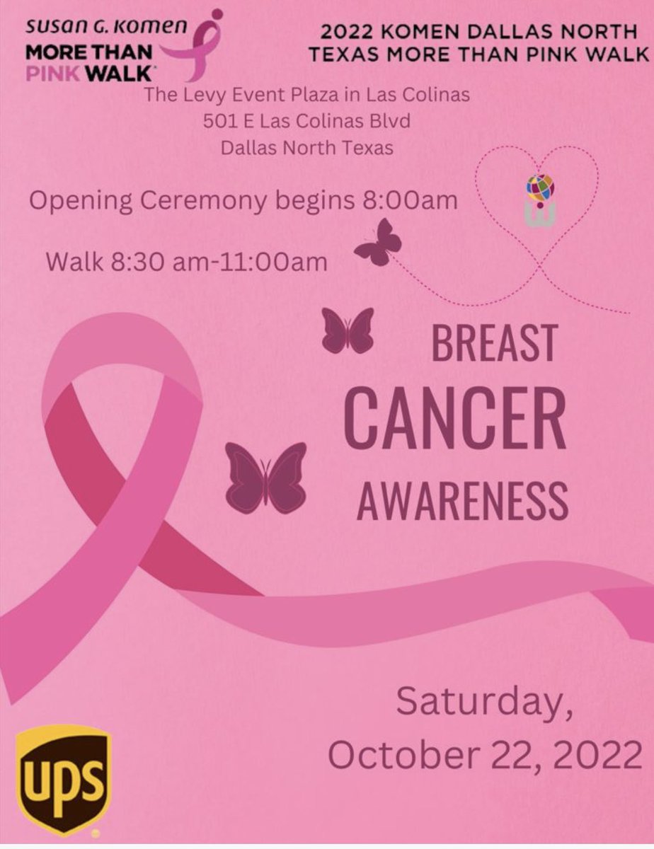 WIO is in support of Breast Cancer Awareness month. Please join us on October 22, 2022 for the Susan G. Komen walk. <a href="/SoCalSoUS/">SoCal - Women in Operations</a> <a href="/DrBrandit/">Dr. Brandit Campbell</a> <a href="/CarolBTome/">Carol Tomé</a> <a href="/JimPeteHoops/">Jim Petersen</a> @joshneedlesUPS <a href="/divine2wincom/">Trina Norman</a> <a href="/UPS_WIO/">UPS Women in Operations</a> <a href="/RedRiverWomen/">RedRiverWomen</a> <a href="/hill_deryl/">Deryl Hill</a> <a href="/RedRiverUPSers/">Red River UPSers</a> <a href="/Maritz_91/">M Ramos</a>