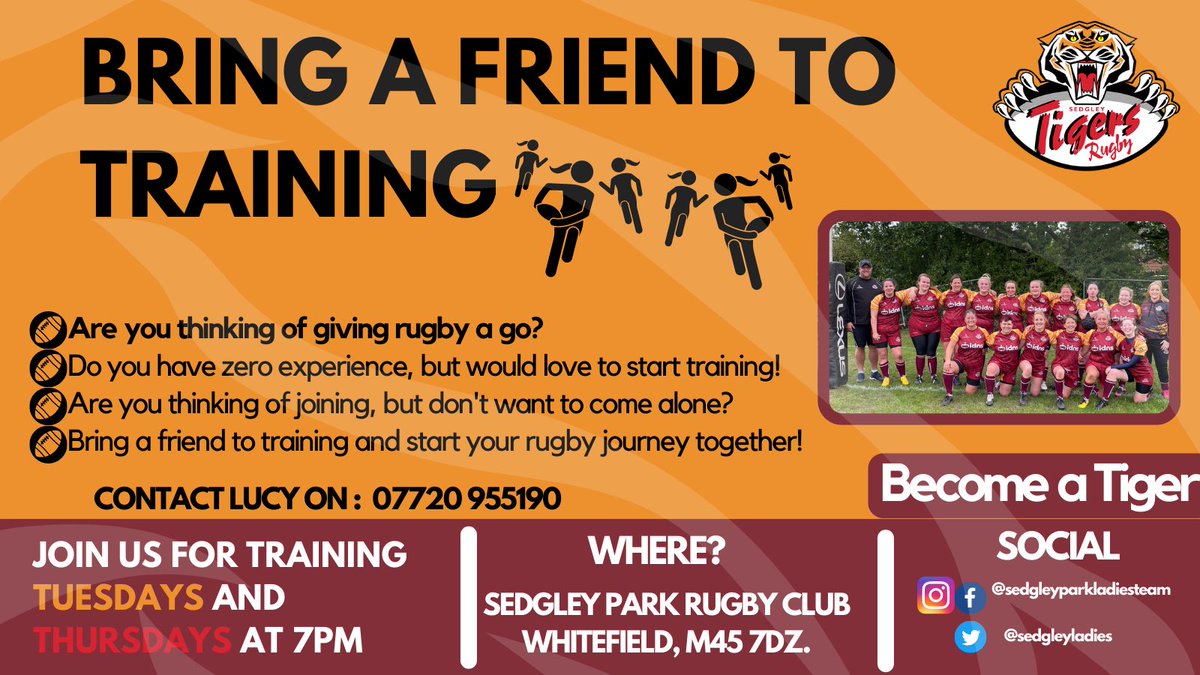 🏉 Bring a friend to training 🏉 

Come along to training and start your rugby career! We train Thursdays and Tuesdays! 

#RugbyUnion #BecomeATiger