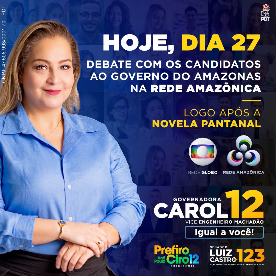 carolbrazam's tweet photo. Debate com os candidatos ao Governo do Amazonas na Rede Amazônica/Globo, hoje, depois da novela Pantanal.  Propostas e esperança por um Amazonas de oportunidades! Vote 12. https://t.co/pLKpvmJmYV