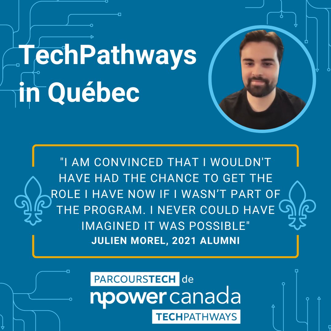 Julien, one of our bilingual alumni from Québec,  was excited to learn that NPower Canada would soon launch a site in his home province. Our TechPathways programs completely changed his life!  Read the press release: npowercanada.ca/npower-canada-…
#Québec #QC #TechPathways