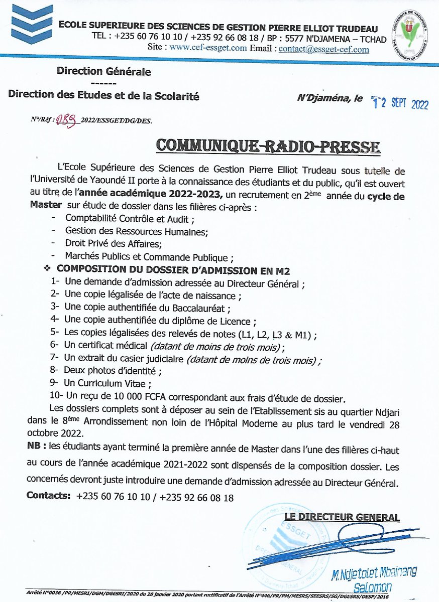 L’Ecole Supérieure des Sciences de Gestion Pierre Elliot Trudeau porte à la connaissance des étudiants et du public, qu’il est ouvert au titre de l’année académique 2022-2023, un recrutement en 2ème  année du cycle de Master  sur étude de dossier dans les filières ci-après :
