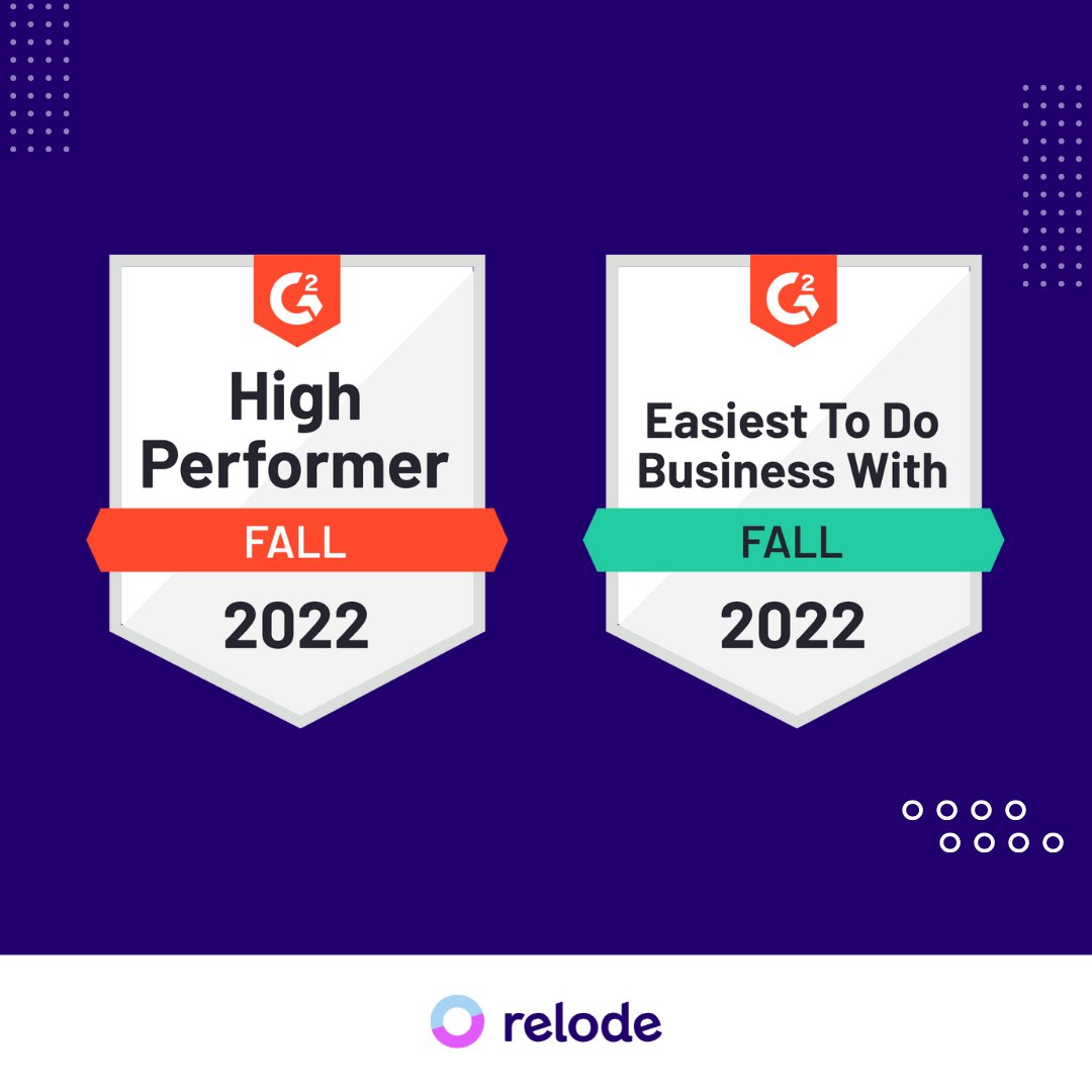 RelodeTweets's tweet image. Relode has received the &quot;Easiest To Do Business With&quot; and &quot;High Performer&quot; badges from G2 for the second consecutive season! These are based on reviews and feedback from our incredible clients who have partnered with us to make their hiring better.