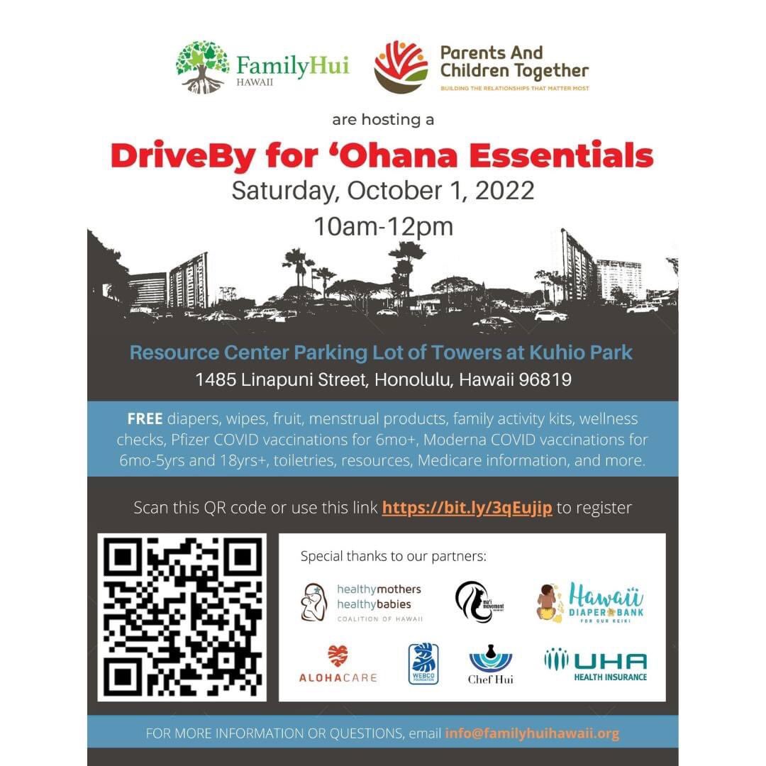 Hey O‘ahu! Our partners <a href="/family/">Family</a>.hui and <a href="/PACTHawaii/">PACTHawaii</a> are at it again! Register now at bit.ly/3qEujip. Diapers, wipes, ma‘i kits, food, activity kits and wellness checks will be available. Perfect way for us to kōkua during #nationaldiaperneedawarenessweek