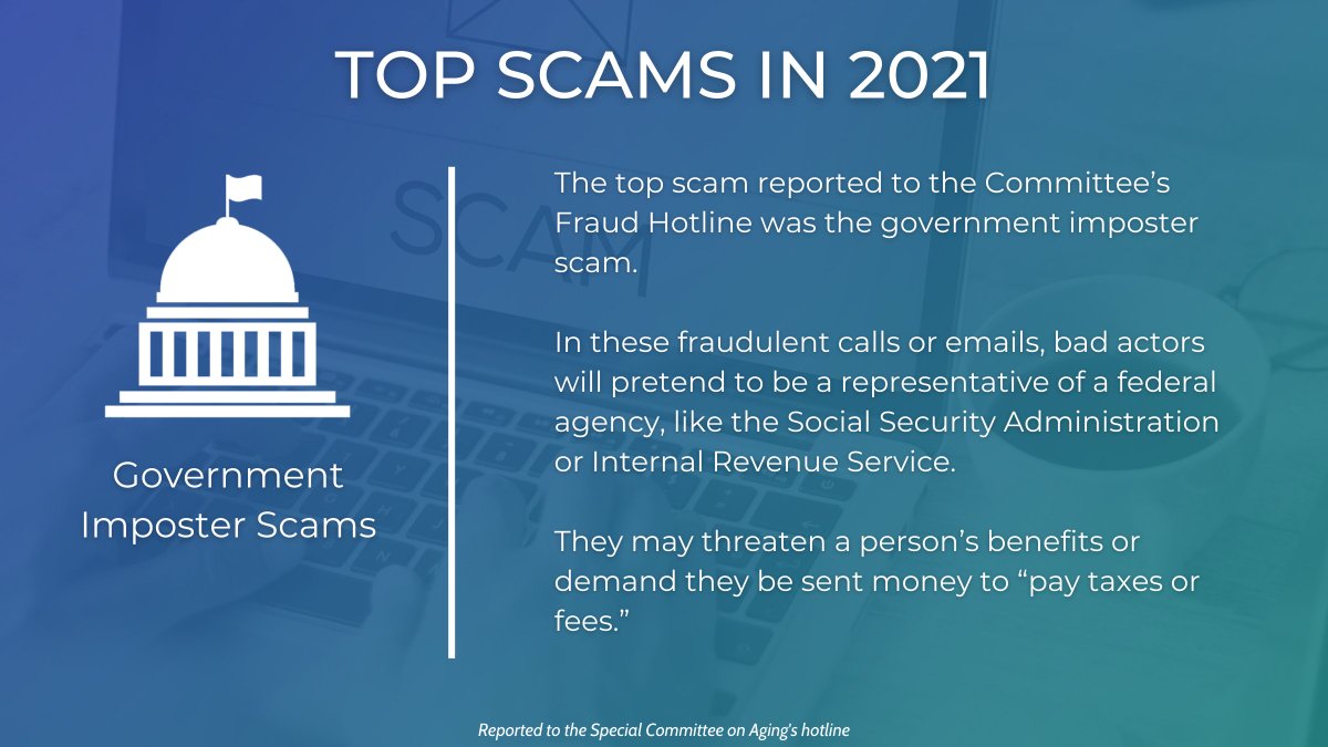 The top scam reported to @SenateAging’s Fraud Hotline? Government imposter scams, in which bad actors pretend to be representatives of a federal agency. Learn more about how to avoid this and many other kinds of scams targeting seniors⬇️ sen.gov/casey/8JPP