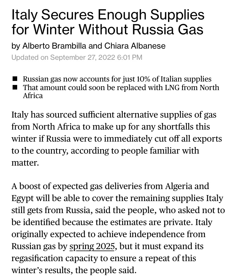 +++ L’Italia ha abbastanza forniture di gas per affrontare l’inverno senza alcun flusso dalla Russia. +++

Esclusivo - con <a href="/Al_Brambilla/">Alberto Brambilla</a> 

👇🏻