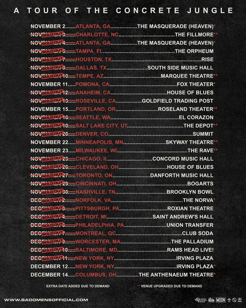 badomenscult's tweet photo. A TOUR OF THE CONCRETE JUNGLE UPDATE

+HOUSTON SOLD OUT

+NO MORE UPGRADES
+NO MORE ADDED SHOWS 

https://t.co/rCwU1D2KVp https://t.co/JJ5uReHWUk