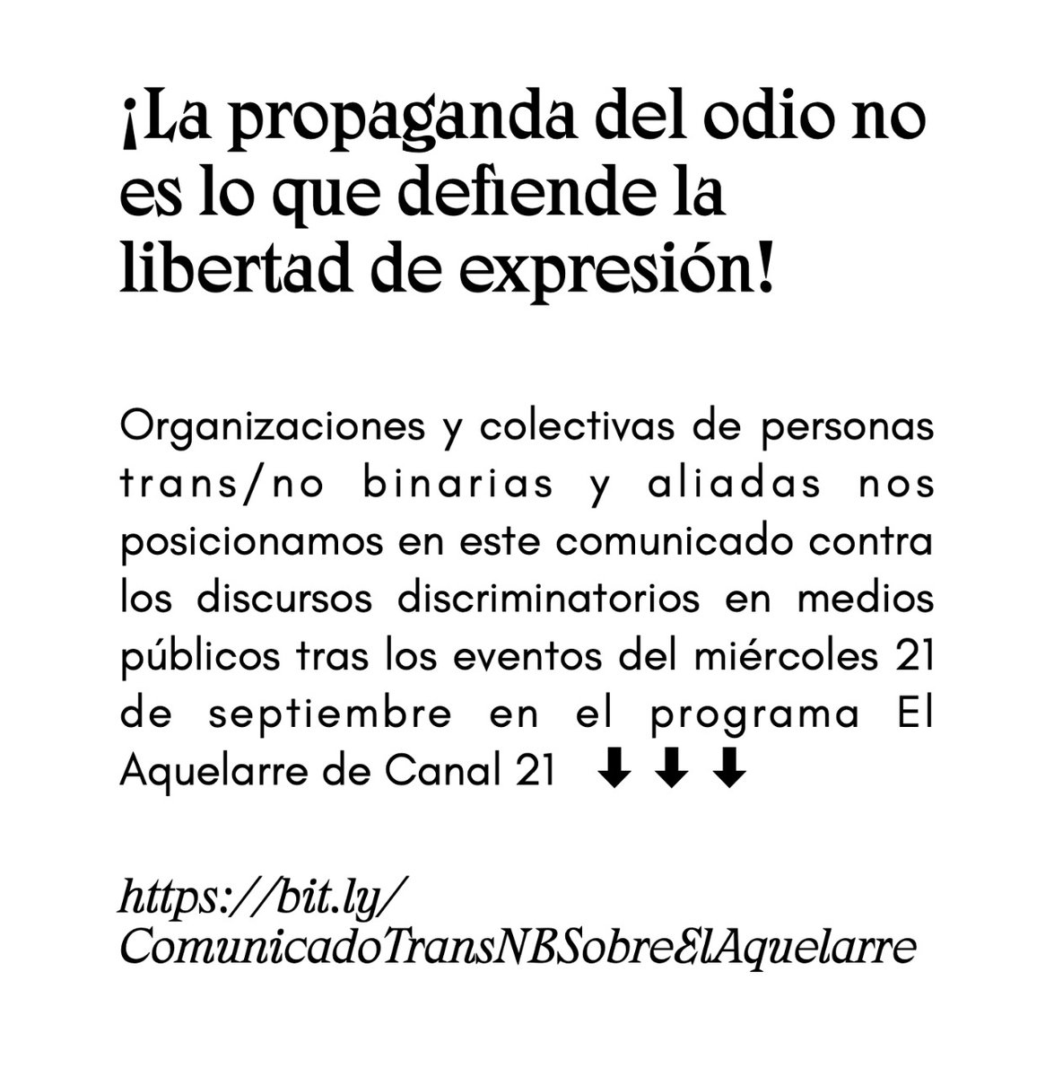 juntransmx's tweet photo. ¡Las vidas trans y no binarias van por encima de los discursos de odio!🏳️‍⚧️💛🤍💜🖤
En colectividad nos posicionamos en contra de lo ocurrido en el programa "El Aquelarre" de @Capital_21

Lee y conoce nuestra postura colectiva en el siguiente link 👉🏾 https://t.co/pbkwvVMJ7c https://t.co/4I8XcxDFgE