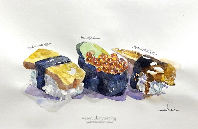 ターレンスのスケッチ手帳で寿司3貫。描いたあとはおなかの中へ。皆さんおはようございます!#Watercolor #スケッチ #水彩画 #淡彩略画 #透明水彩 #京都水彩画塾  #水彩画ワークショップ  #水彩画教室  #京都の絵画教室 