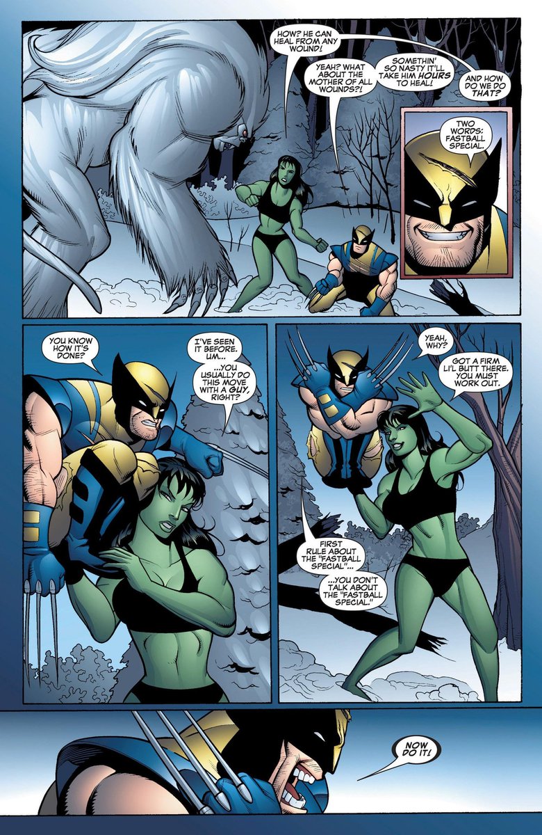 Alrighty now that Deadpool 3 is confirmed to have Hugh Jackman's Wolverine in it can we please get Tatiana Maslany to appear as She-Hulk as well so we can get her throwing Wolvie recreating this panel! #SheHulk #Wolverine #Deadpool