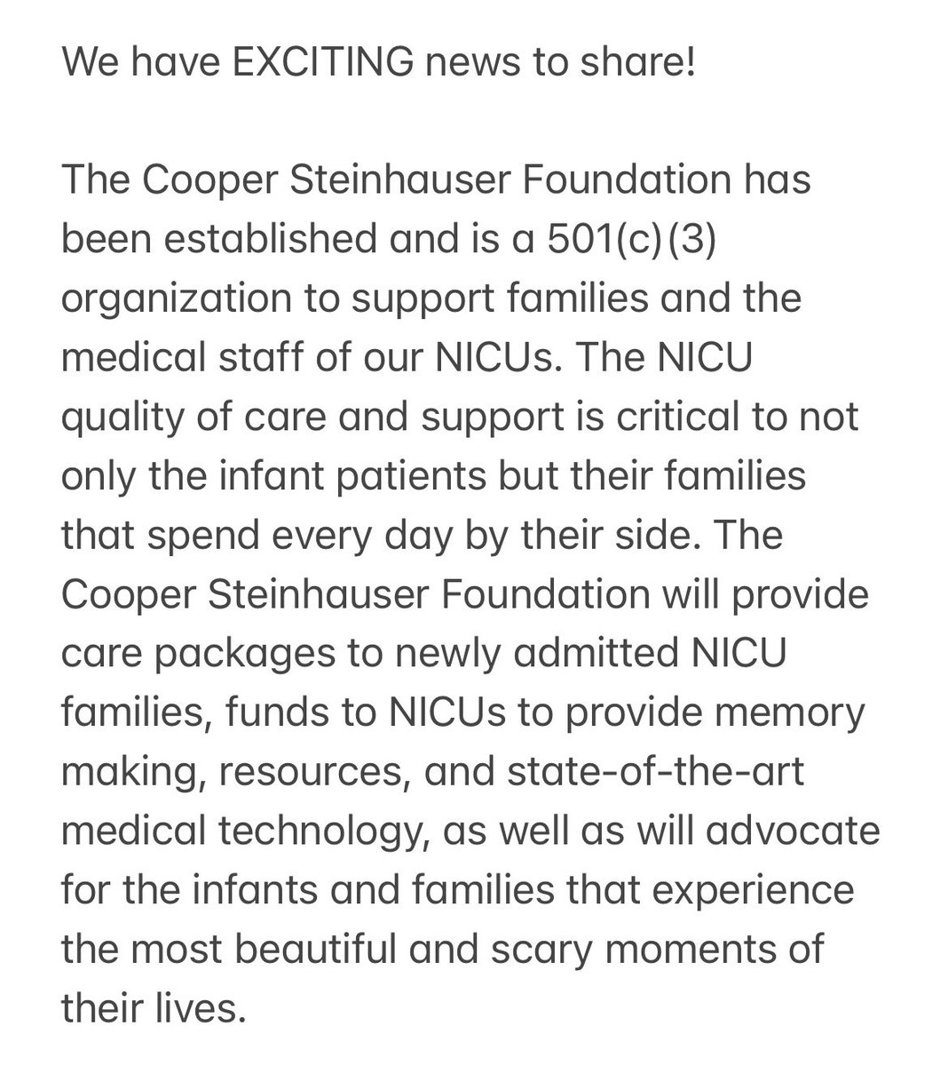 MrSteinhauser's tweet photo. Exciting news to share! #nicuawareness #nicu #nicusupport #nicustrong #coopersteinhauserfoundation @CSFoundation22 https://t.co/L8WE8vvyw9