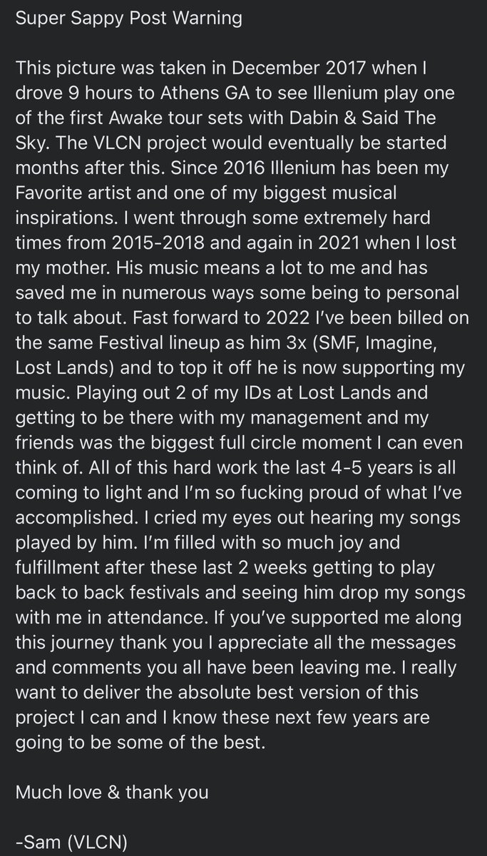 VLCNmusic's tweet photo. One of the biggest full circle moments of my life. 

Check the comments for the clips from Lost Lands.

@ILLENIUM Thank you https://t.co/voQHi4yG18