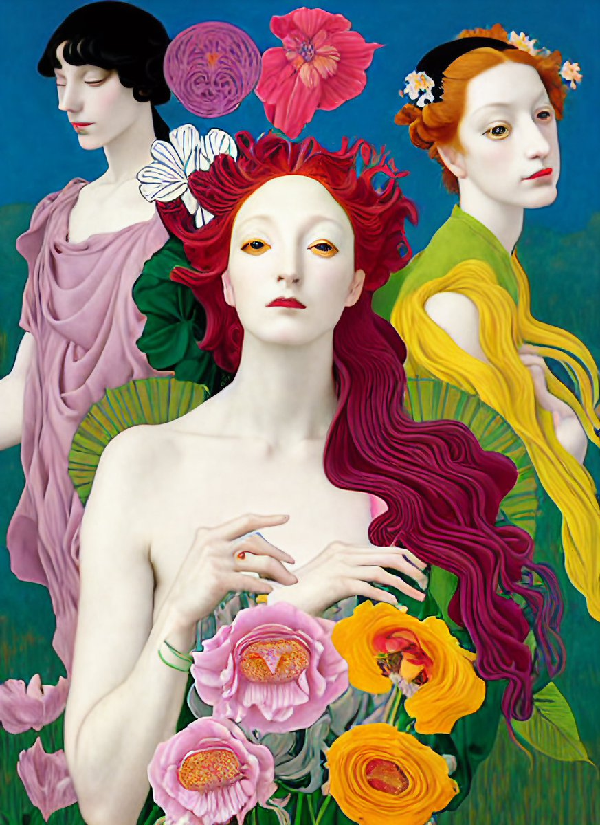 acidframerate's tweet photo. @obscuradao @MecenateFineArt These works are my most ambitious AI works to date. “Primavera”, on the left, was chosen as a top 30 winner by @clairesilver, in her 1st AI competition. On the left, a 2nd work from the series (unminted). I am strongly inspired by Early Italian Renaissance &amp; classical painting https://t.co/hFjyqaSG7m