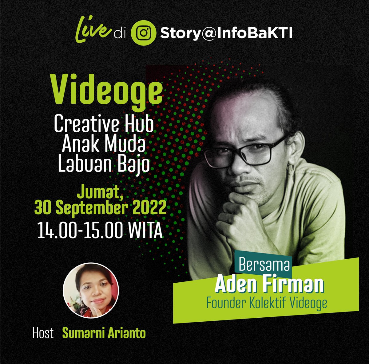 Diskusi Intagram Live <a href="/infobakti/">Yayasan BaKTI</a> menghadirkan anak muda keren dari Labuan Bajo bernama Aden Firman, Founder Kolektif Videoge.