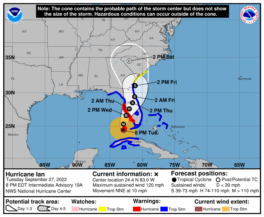 PaulaFaivre's tweet photo. It's Hurricane season. Don't wait until the last minute to get prepared. 5 day cone for #Ian 
Stay updated at https://t.co/d1cjFpEkXv https://t.co/18KsybWYFS