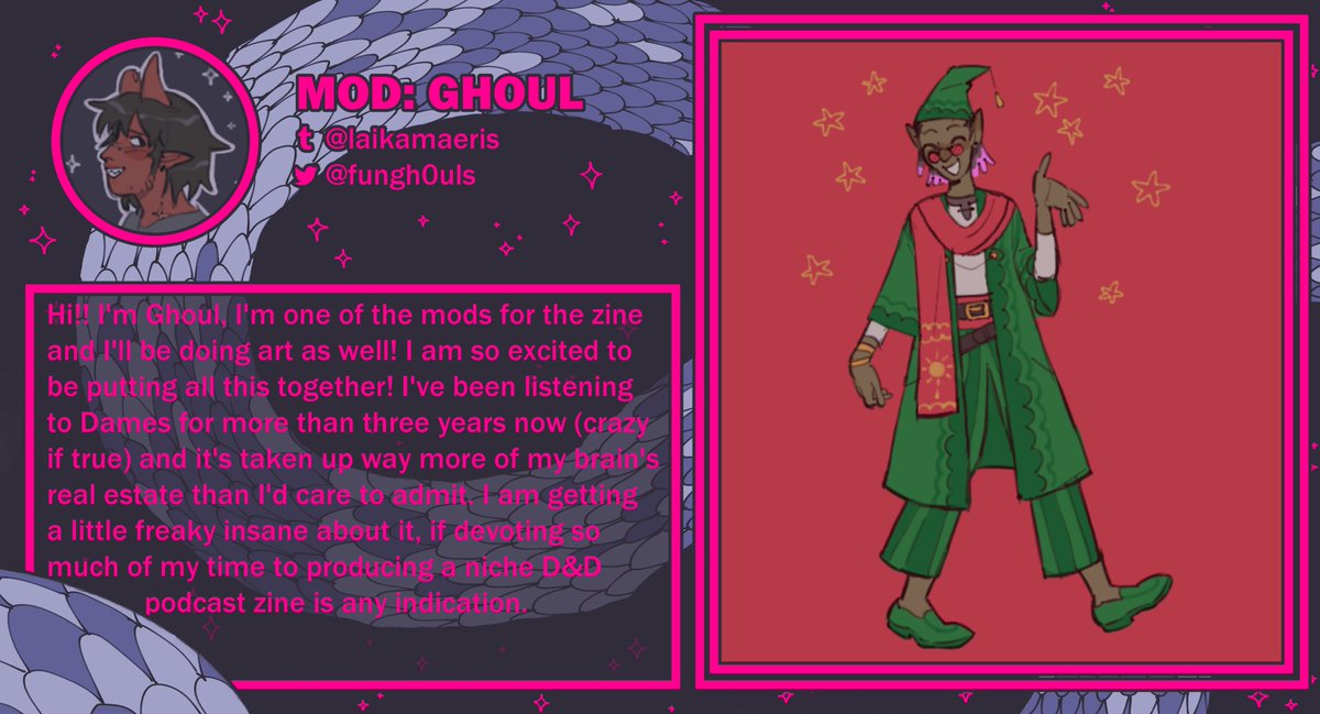 2dames2zine's tweet photo. ･ﾟ:* Contributor Spotlight･ﾟ:* 

Introducing our first contributor, and one of our mods, Ghoul!

They will be contributing as a page artist for the zine.
@fungh0uls #damesanddragons #rolltofallinlovezine https://t.co/WAhuL4Hnqu