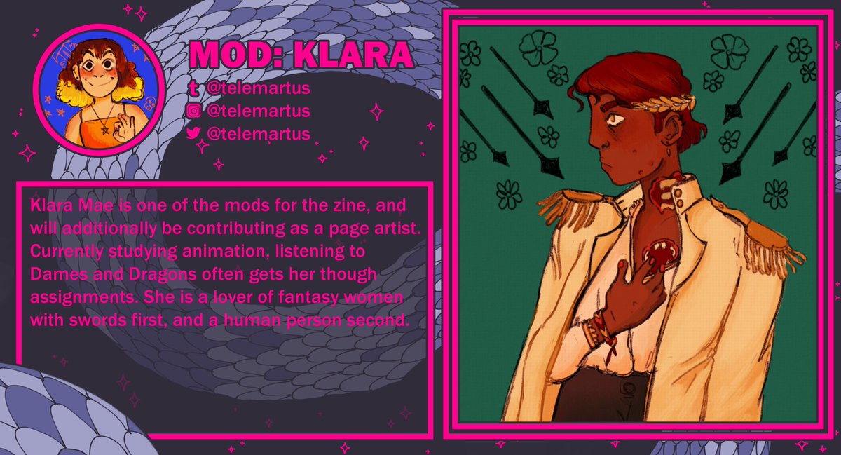 2dames2zine's tweet photo. ･ﾟ:* Contributor Spotlight･ﾟ:* 

Introducing our next contributor, and one of our mods, Klara!

She will be contributing as a page artist for the zine.
@telemartus #damesanddragons #rolltofallinlovezine https://t.co/pBU7cra7ye