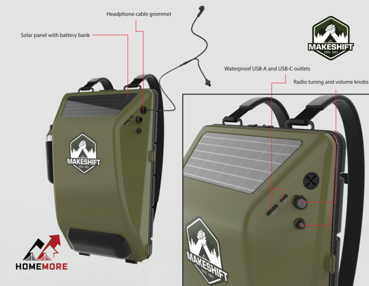 HomemoreProject's tweet photo. #TheMakeshiftTraveler utilizes solar panels to power a built-in radio and charging ports to charge their phone or other electronic devices. These features can help warn of potential natural disasters and provides peace of mind for those experiencing homelessness. #HomeMoreProject https://t.co/UL4tyESReu