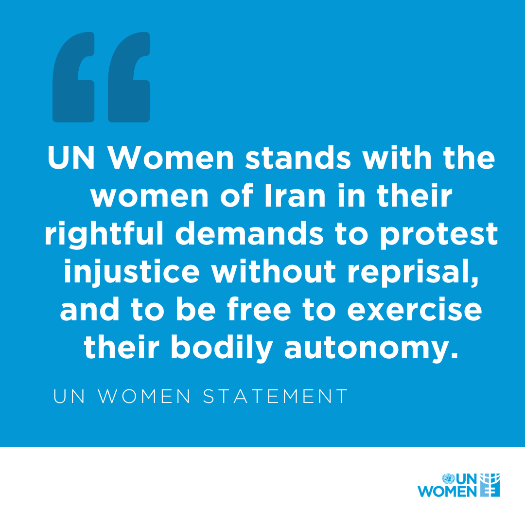 UN Women stands with the women of #Iran in their demands to protest injustice without reprisal, and to be free to exercise their bodily autonomy, including choice of dress. All women who have been arbitrarily detained must be released. #MahsaAmini unwo.men/cInS50KVeHQ