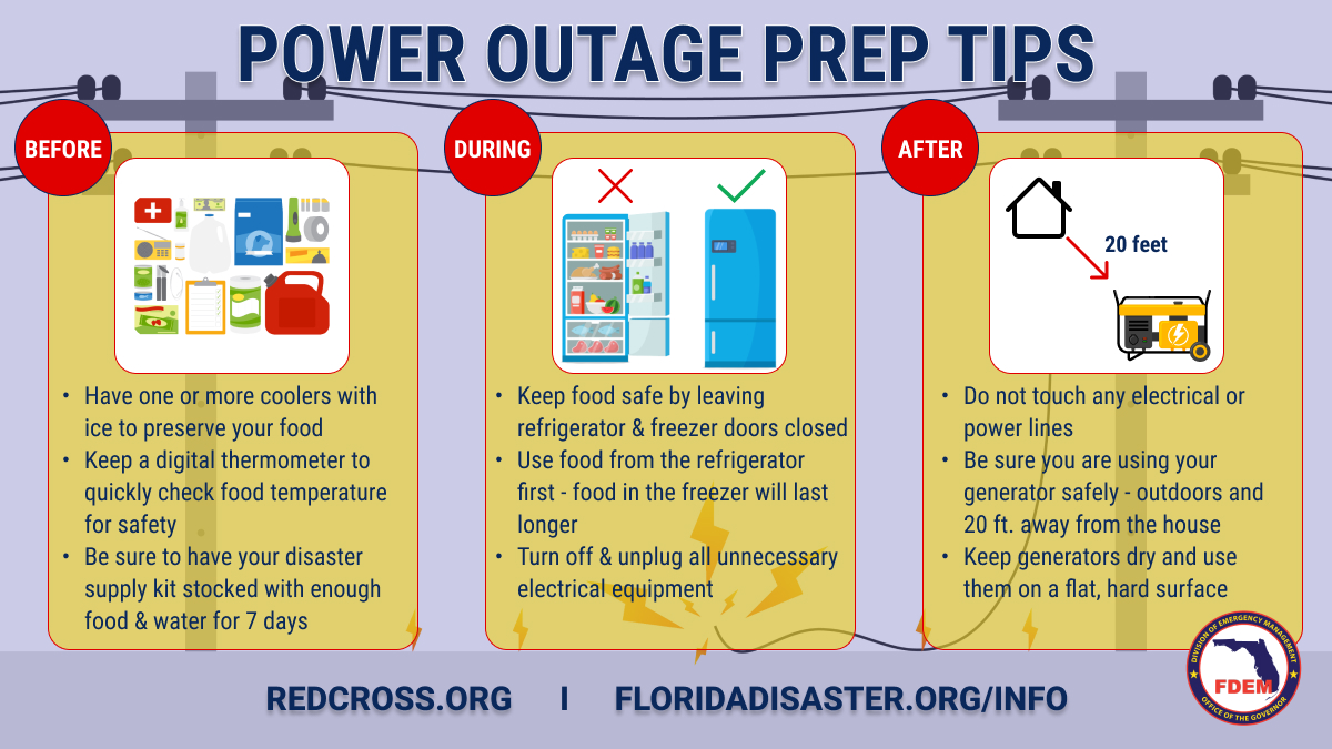 As #HurricaneIan makes landfall, power outages are expected.

🧊 Have a cooler with ice to preserve food
🔌 Turn off &amp; unplug all unnecessary electrical equipment
⚡️ Only use generators outdoors

If you experience an outage, contact your service provider for restoration times.