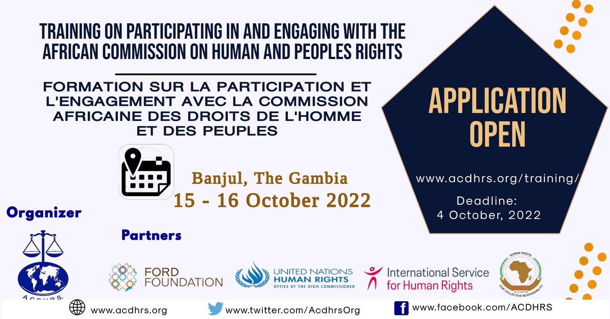 AcdhrsOrg's tweet photo. #ForumAchpr73 
Are you a civil society actor, a representative from an African #CSO or an international organization from or working on #Africa?
Then this training is for you.
Visit https://t.co/qOhPCmJxyd #ApplyNow  
Deadline: 4th October 2022.
@ISHRglobal @FordFoundation https://t.co/JStgE3kqBj