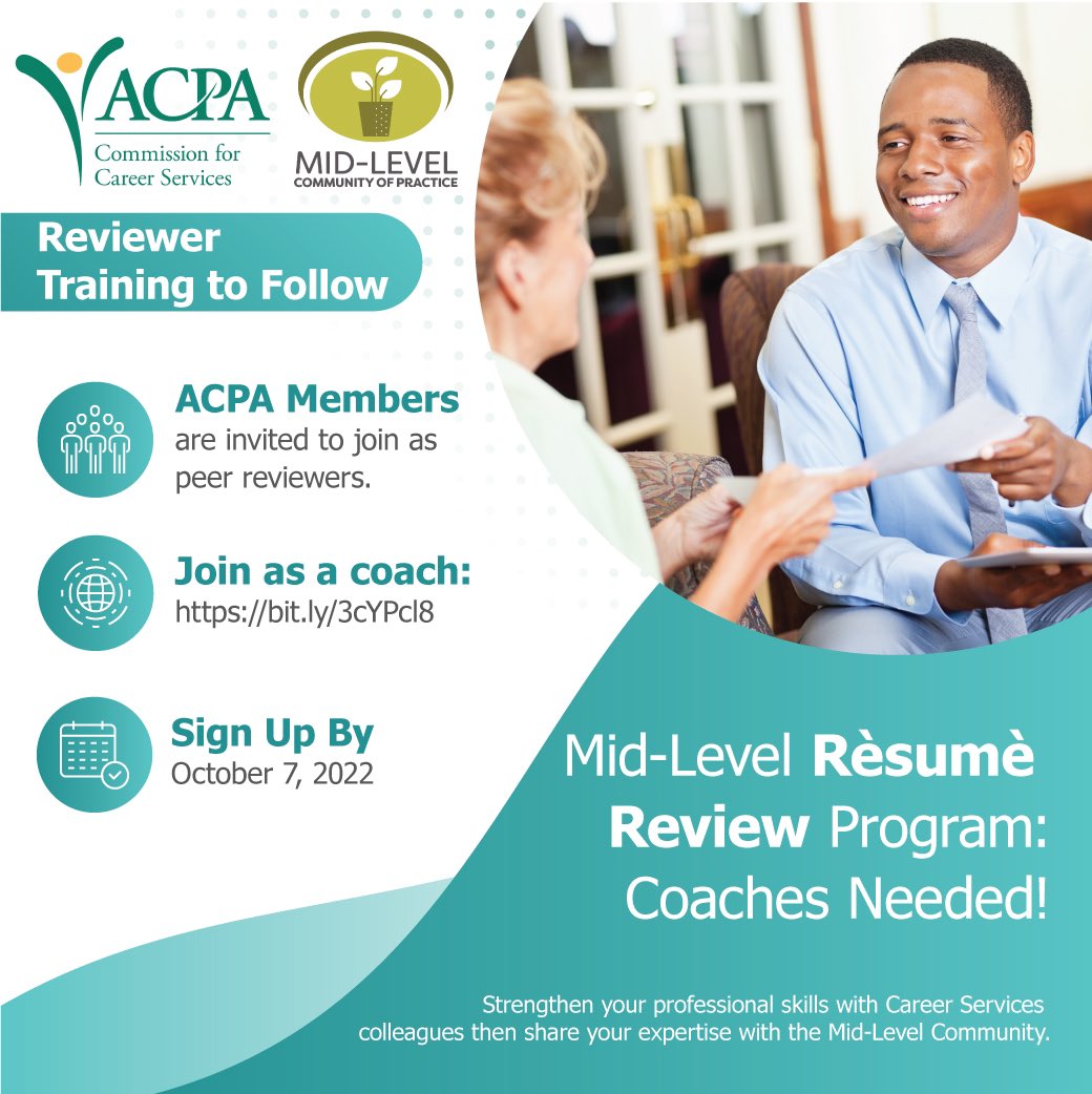 ACPAccs's tweet photo. Are you interested in coaching @MLCOPACPA professionals in the development of their resumes? We are seeking experienced coaches and those wishing to stretch their skills.  Please fill out the short sign-up form here to receive further details: https://t.co/esIUzCTchf #acpa https://t.co/LHAxpvcTfk
