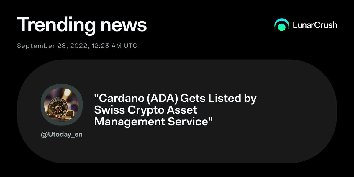 EthStack's tweet photo. "Cardano (ADA) Gets Listed by Swiss Crypto Asset Management Service" via @Utoday_en

Trending #cardano news with frequent shares and strong engagement across social media.

Social Insights: https://t.co/NfEzb8Ka3J $ada

Source👇https://t.co/rb6ASD0RkU https://t.co/TGvg6bYxlj