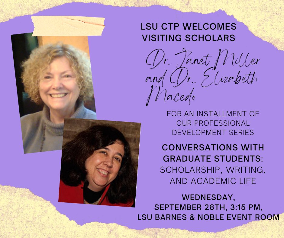 The first of two awesome events lined up for TOMORROW! Conversations between Dr. Janet Miller and Dr. Elizabeth Macedo with graduate students!