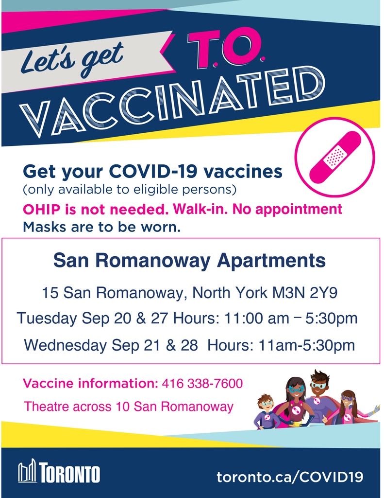15 San Romanoway, North York, M3N 2Y9
Wednesday September 28, 2022 - 11:00 AM - 5:30 PM

OHIP is not needed. Walk-in, no appointments. Masks are to be worn.

emeryvillagebia.ca/get-your-covid…
