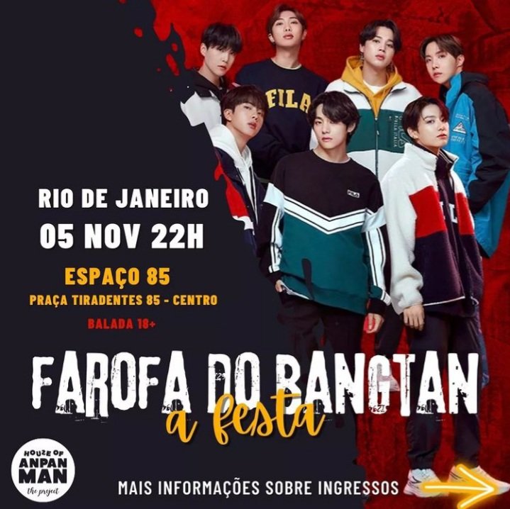 armyscarioca's tweet photo. Quem aí não é doido pra ir numa baladinha? E porque não na FAROFA DO BANGTAN né ❤️

2a edição do evento no Rio! 
Dia 05 de novembro, no Espaço 85 na Praça Tiradentes! às 22h.
(Balada BTS 18+)

#armyscarioca #baladabts #eventoarmy #houseofanpanman #army #farofadobangtan https://t.co/zcmzcD8G56