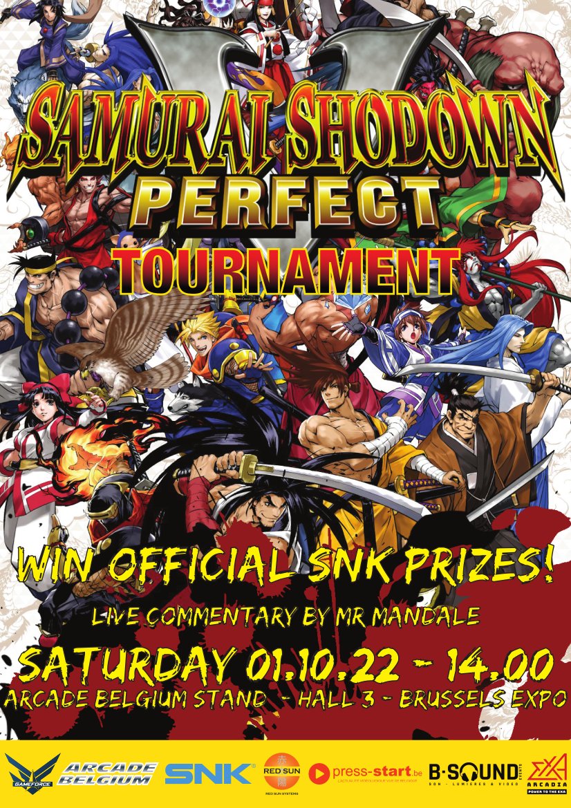 arcadebelgium's tweet photo. Don't miss our official Samurai Shodown V Perfect tournament at @GameForceBE 2022 on October 1st!

https://t.co/zNrv2NMi7M

#arcade #SNK #tournament #SamuraiShodown #EXA基板 #exaarcadia @SNKPofficial @exaarcadia #GameForce https://t.co/f5Zdcf9Rox