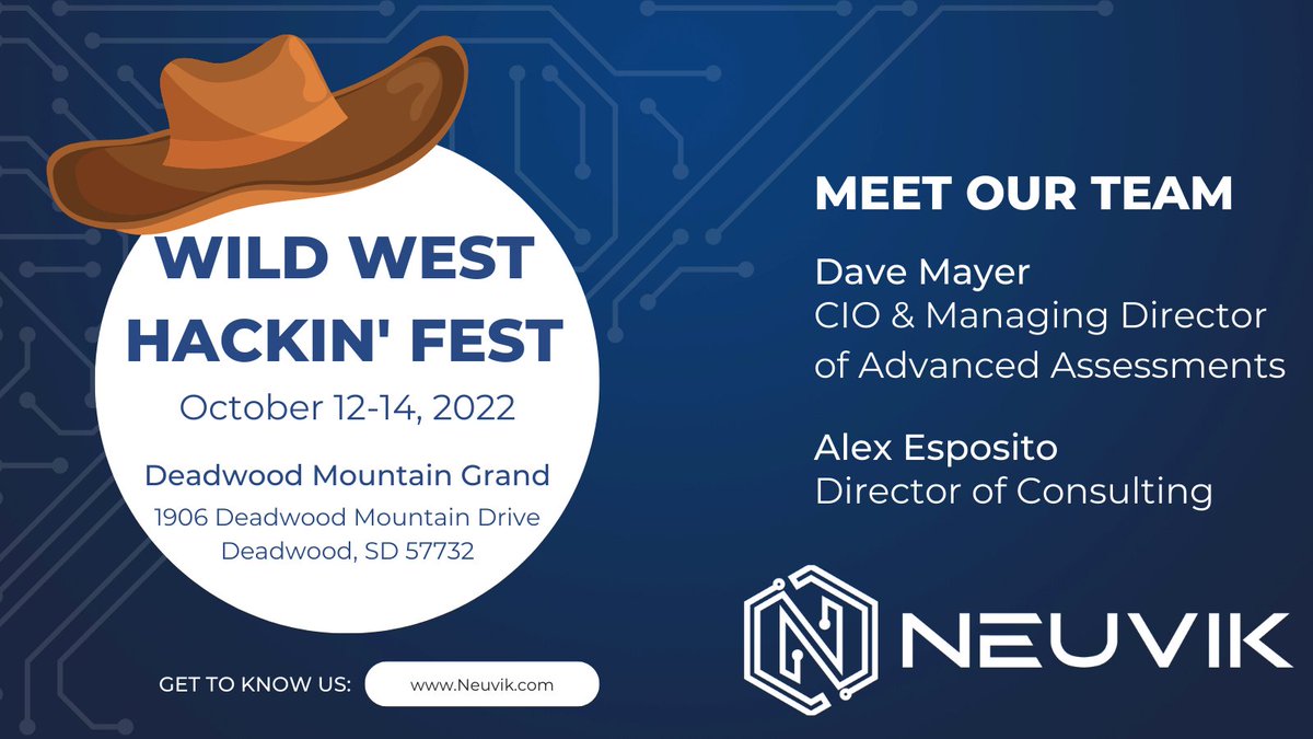 Neuvik's tweet photo. Come meet @dmay3r and @bigalespo at @WWHackinFest next month! What are you looking forward to at #Deadwood2022?

#WWHF #RedTeaming #Cybersecurity #Hacking https://t.co/qhz5TSGD8s