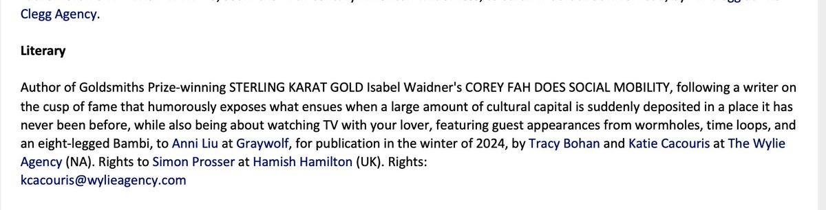 Thrilled to announce that Graywolf will be publishing not one, but TWO @isabelwaidner books in the next couple of years! COREY FAH DOES SOCIAL MOBILITY will be out in winter of 2024! And look out for the U.S. release of STERLING KARAT GOLD on 2/7/23. Welcome to the pack, Isabel!