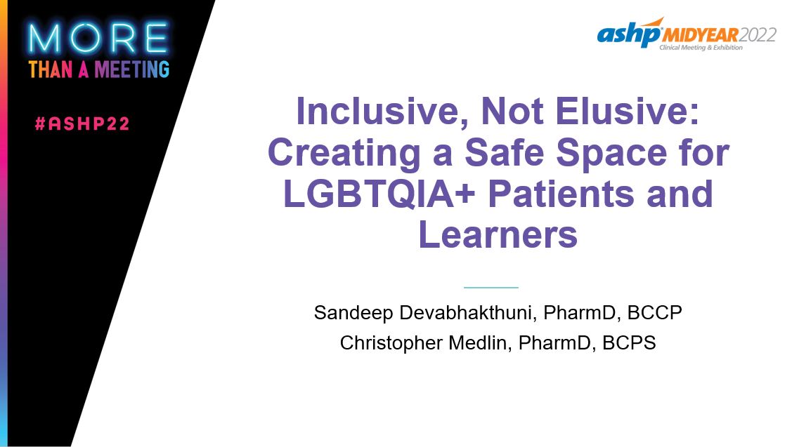 DrMedlinPharmD's tweet photo. Interested in learning more about creating affirming environments for LGBTQIA+ patients and learners? Stop by my and @deepdev511's presentation at this year's #MCM22 to not only gain basic knowledge, but apply concepts to challenging situations!

@RxShare https://t.co/4DT2KS65Bv