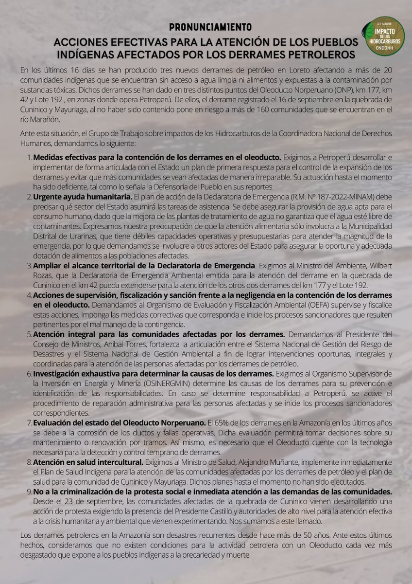 🚨#Alerta| Desde el Grupo de Trabajo sobre impactos de Hidrocarburos de la CNDDHH exigimos atención adecuada, así como respuesta rápida y efectiva para que no continúen ocurriendo más derrames q afectan las vidas que habitan en los ecosistemas amazónicos.
Atención integral ahora!