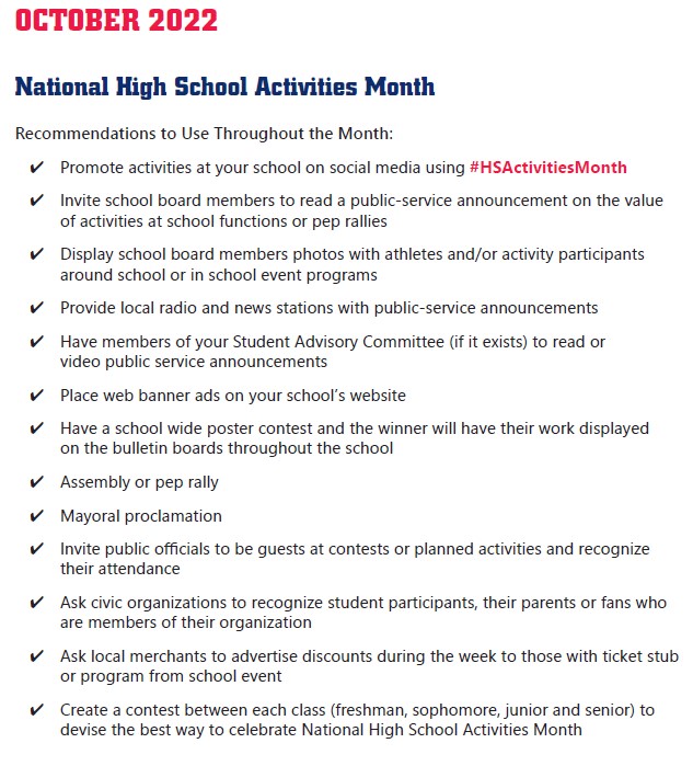 National High School Activities Month begins on Saturday!

Here are some ways to celebrate during the month-long celebration.

#HSActivitiesMonth #CaseForHighSchoolActivities

Learn more: bit.ly/3cYqhK4