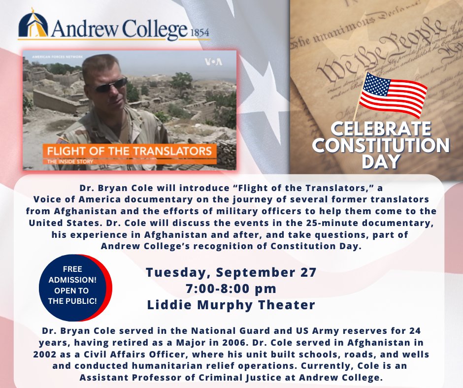 TONIGHT!  Come and join us for this free event on Tuesday, September 27th at Old Main in the Liddie Murphy Theater. Free event and open to the public! #constitutionday #flightofthetranslators #AndrewCollege