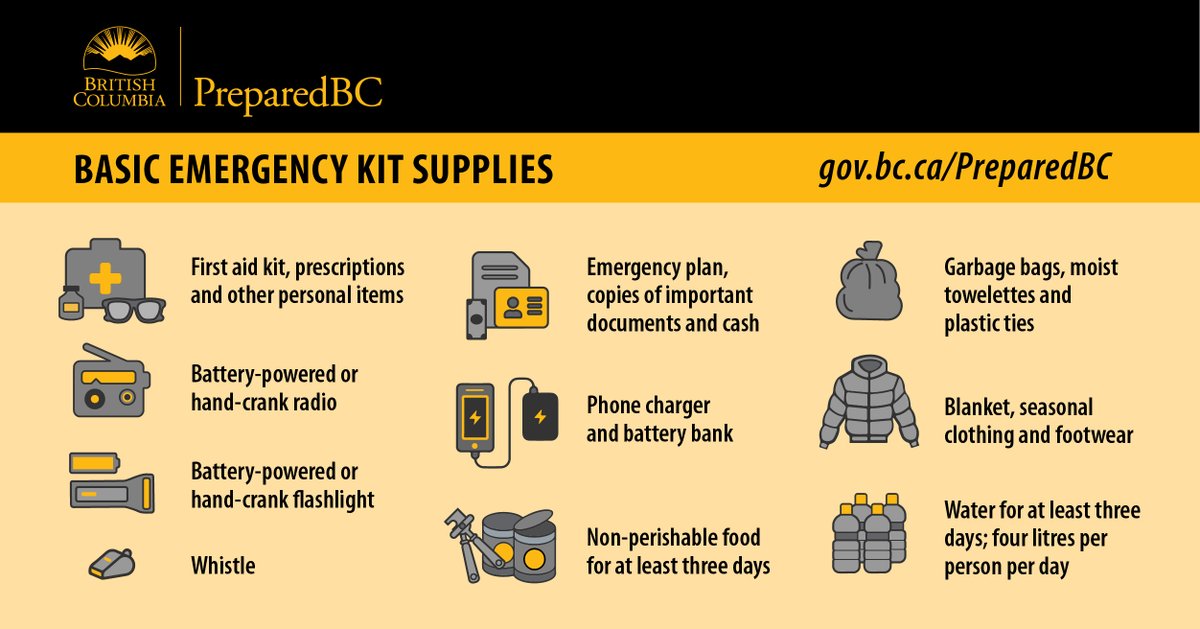 PreparedBC's tweet photo. During emergencies like a severe storm or earthquake, you’ll need an emergency kit if you have to shelter on your property without access to power or water.

Learn how to build your own emergency kit at: https://t.co/vbWqJTN6uq https://t.co/6lQbaUSSEU