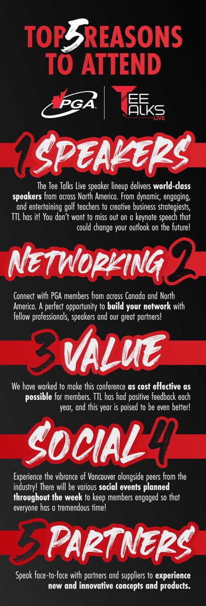 pgaofcanada's tweet photo. This is the final week to take advantage of Early Bird Pricing for this year's #TeeTalksLive conference taking place in Vancouver, November 15-17! 

There are plenty of reasons to attend, but here are five of the top ones! For more info, click here: https://t.co/J6kJ5sk9AE https://t.co/yRribcXHrt