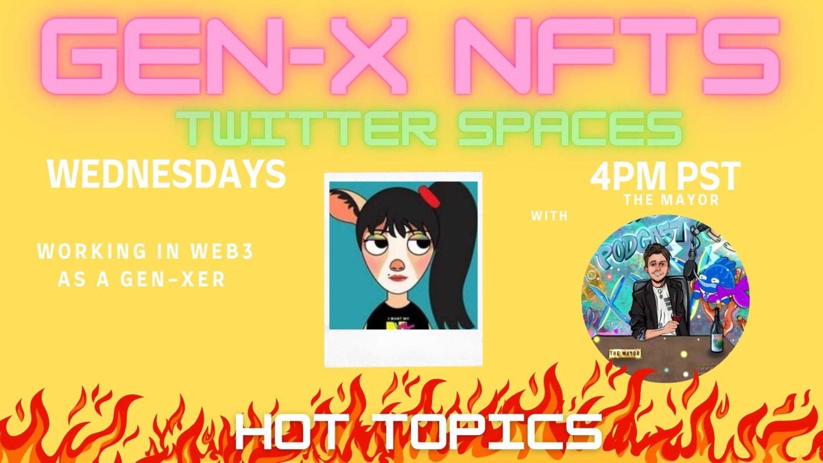GENxNFTs's tweet photo. https://t.co/okbJyyabX1 Final Hot Topic space of the month! Very excited to chat with @MaverickMedia15 about smart ways people can pivot into a career in Web3 - even if yourโe Gen-X https://t.co/HkJ2jjLjTD