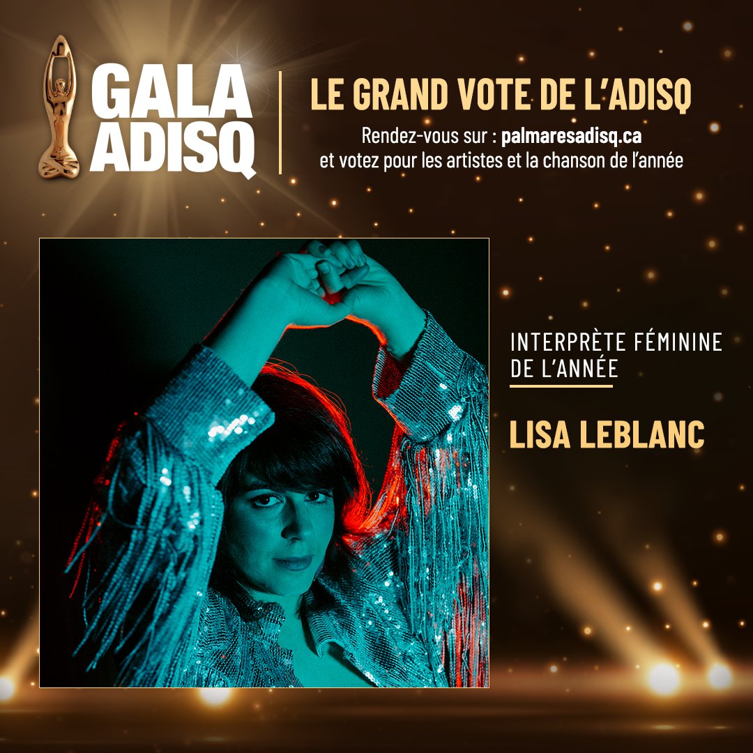 Hallo! J'ai été nommée dans les catégories Chanson de l'année et Interprète feminine de l'année à l'<a href="/ADISQ_/">Adisq</a> ! Vous pouvez voter icitte : palmaresadisq.ca/fr/gala/concou…