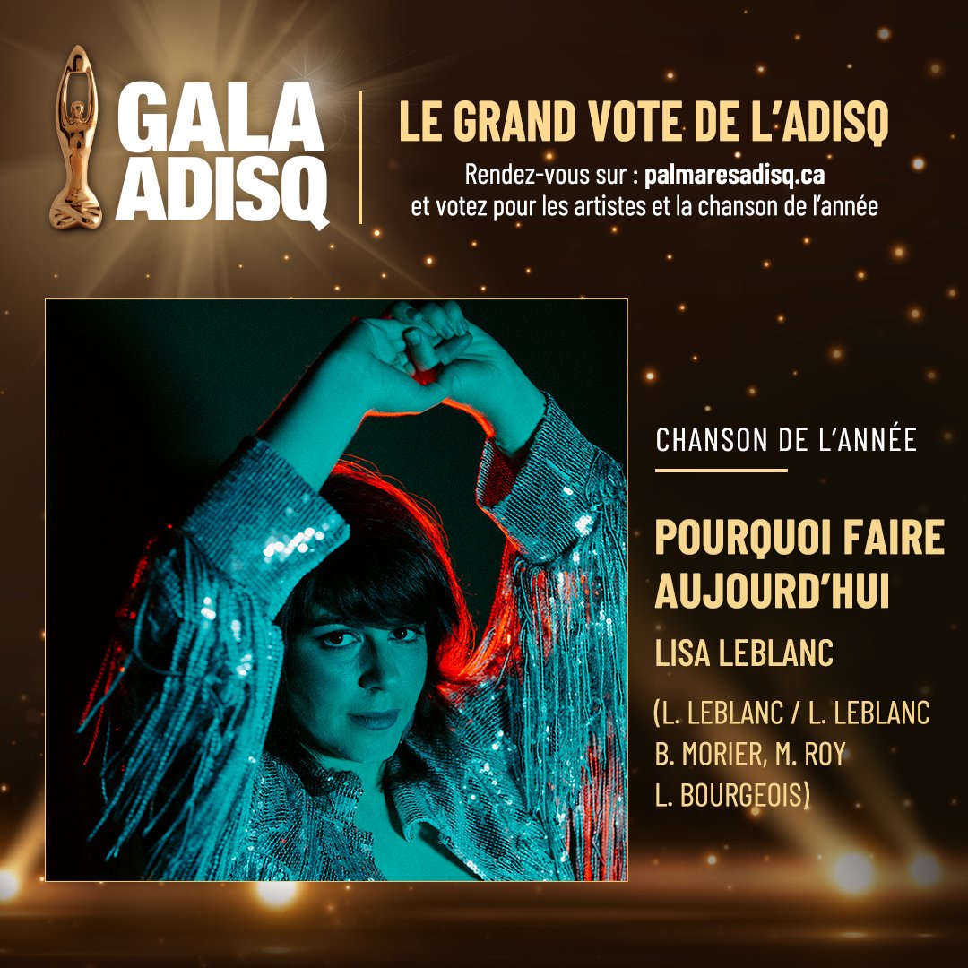 lisaleblancyo's tweet photo. Hallo! J'ai été nommée dans les catégories Chanson de l'année et Interprète feminine de l'année à l'@ADISQ_ ! Vous pouvez voter icitte : https://t.co/7XTtM6Dkja https://t.co/hBzhjUzxbD