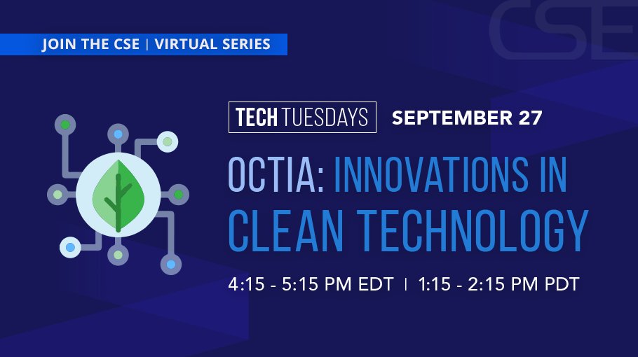 CSE_News's tweet photo. The #OCTIA Innovations in Clean Technology edition of #TechTuesdays is now LIVE! Join the CSE, plus our special guests @ONcleantech, @CHAR_Technology, @clearblueonline, @planeterthos & @swtchenergy. Tune in now: https://t.co/gvbDHLRdBs https://t.co/CAhmyNgbuo